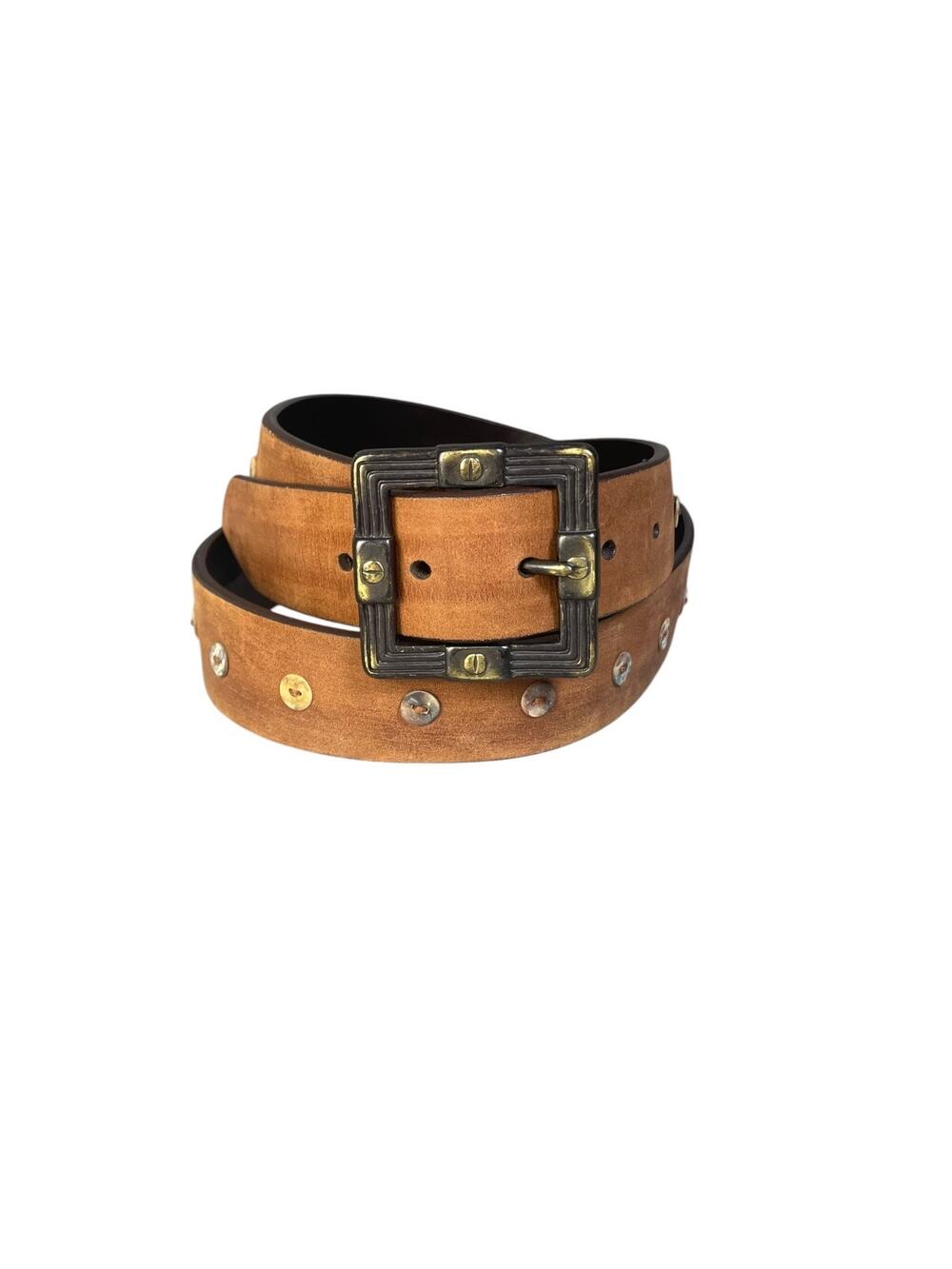 Unbranded Shell Concho Brown Leather Button Belt Size-2XL